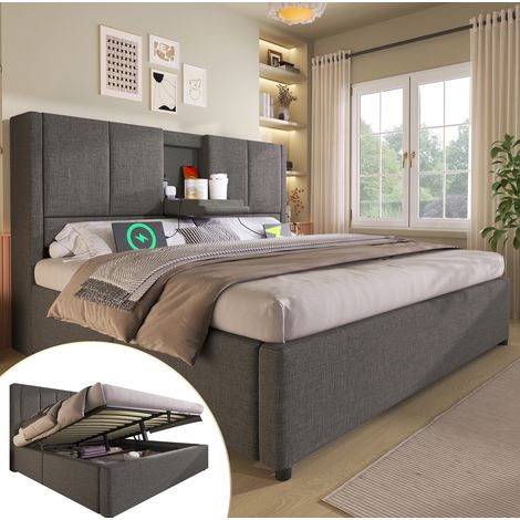 Letto con contenitore in lino grigio 140x200 cm, rete a doghe inclusa, testiera con porta bicchieri e ricarica USB/Type-C (1/5)