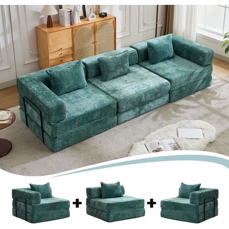 Divano a compressione, divano letto convertibile a pavimento con struttura fissa, divano componibile senza stecche, nessun montaggio richiesto, tessuto ciniglia, per soggiorno e camera da letto, verde (1/5)