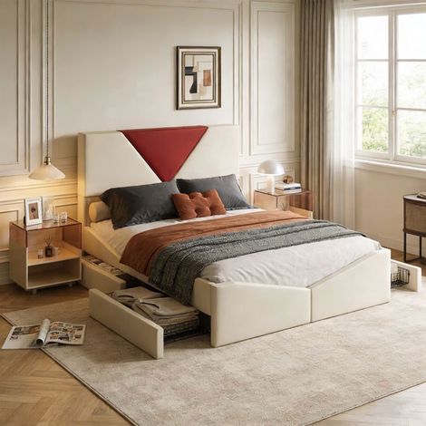 Letto 140x190 cm - POCKETPOP - Velluto bianco sporco - 4 Cassetti - Testata - Rete a doghe (1/5)