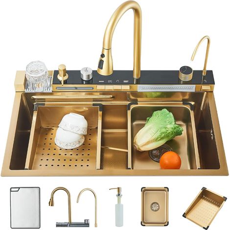Kitchen Sink Stainless Steel Set Multifunctional Single Basin Waterfall Sink with LED Digital Display, Brushed gold Stainless Steel Nano Home Workstation Sink with Drainer,Pull-Out Faucet,Pressurized  (1/5)