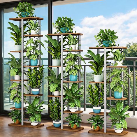 Étagère porte-plantes d’angle haute, multi-niveaux – structure métal & bois robuste, gain de place, pour intérieur/extensionérieur (salon, balcon, patio, jardin) – 8 niveaux, 9 pots – Noir chêne – 8 l (1/5)