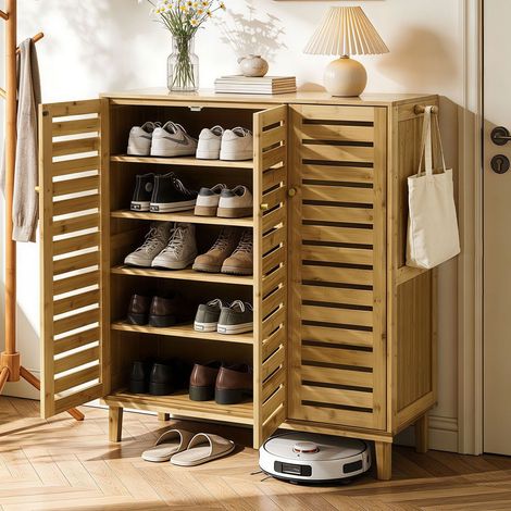 3 Doors Large Bamboo Shoe Cabinet Storage Entryway Shoe Rack Organizer for Foyer Hallway
