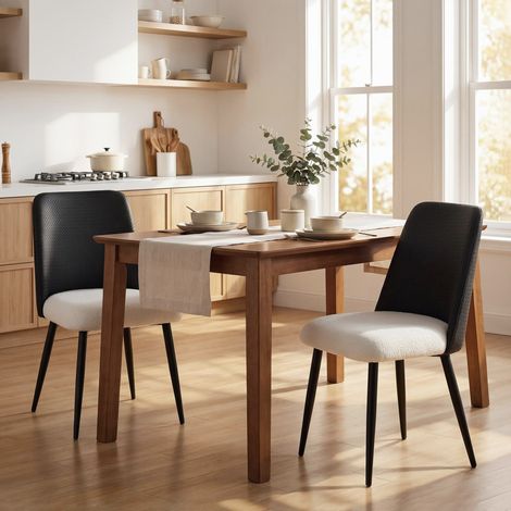 Juego de 2 Sillas de Cocina con Respaldo de PU de Imitación Ratán Patas de Acero y Asiento Acolchado Negro y Beige (1/5)