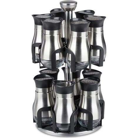 Giostra per spezie con 12 barattoli portaoggetti a 2 livelli pratica cucina moderna 20 x 15 x 15 cm in acciaio inossidabile nero 130010544