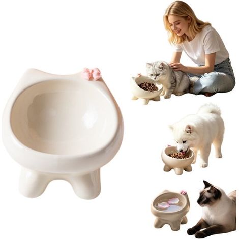 Gamelle surélevée en céramique pour chat et chien - 13,5 x 13 x 11,5 cm, écru (1/5)