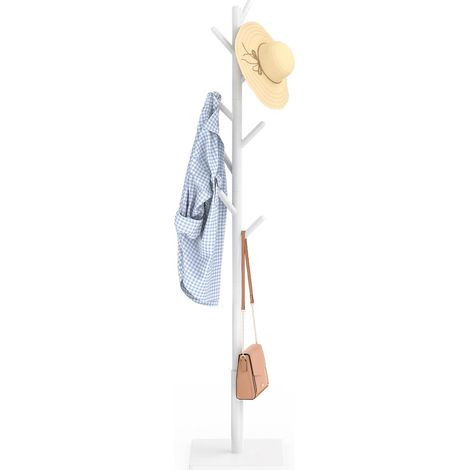 Portemanteau, Meuble Entree Porte Manteau, Portant a Vetement Bois, avec 8 Crochets, 3 Hauteurs Réglables, Assemblage Facile, pour Salon, Entrée, Chambre, Blanc, 30x30x180cm (1/5)