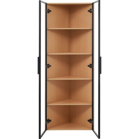 Vitrine, éclairage led, éléments en verre, 62 x 35 x 160 cm, verre trempé et verre, chêne (1/5)