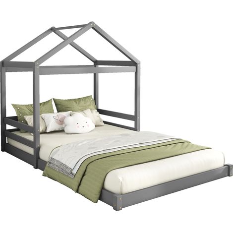 Lit cabane maison enfant 140 x 200 cm avec sommier à lattes, en pin et MDF, style minimaliste gris, sans matelas, pour chambre d'enfant - CHICFURN (1/5)