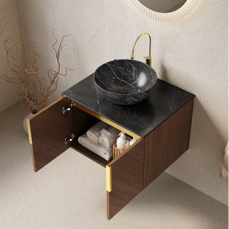 Mueble lavabo de baño (61x50x55.1 cm), con lavabo cerámico tipo cuenco, encimera de piedra sinterizada, armario de contrachapado, negro y marrón roble (1/5)