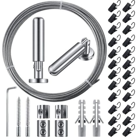 Barra de cortina de alambre metálico de 5 m (196 pulgadas) con 24 clips ajustables para cortinas, decoración de paredes, fotos, manualidades y ventanas (1 juego).