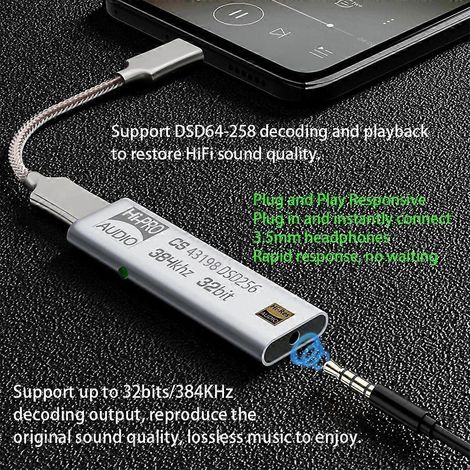 Clé USB CS43198 384 kHz DSD64-258 avec amplificateur et décodage HiFi USB-C vers prise jack 3,5 mm HiFi (1/4)