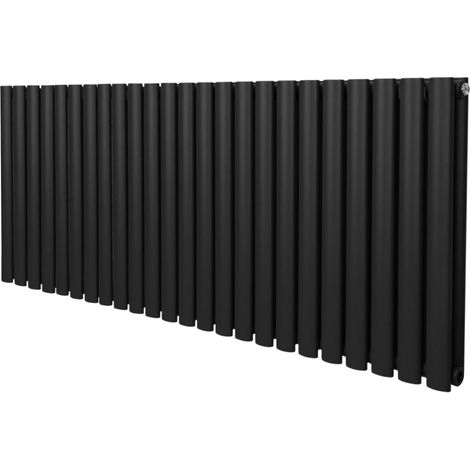 Radiatore a colonna ovale 600 mm x 1440mm Designer Doppio pannello Termosifone Nero Acciaio Orizzontale Inclusi Spazzola per la pulizia Kit di fissaggio e staffe
