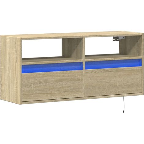 Mueble TV multimedia estantería para televisión aparador para televisión comedor salón dormitorio suspendido con luces LED roble sonoma 100 x 31 x 45 cm marrón 020028002