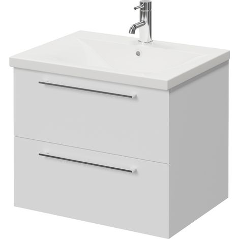 Napoli 460 Gloss White 600mm Wall Mounted 2 Drawer Vanity Unit with Glide Basin - 600mm - Chrome 320mm Handle