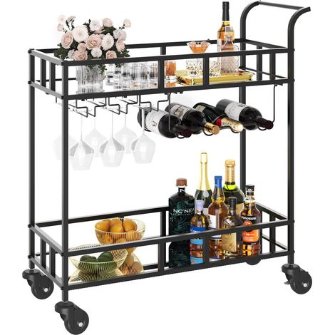 Chariot de Bar à Roulettes 2 Niveaux – Étagères Miroir, Porte-Bouteilles et Verres, Dessert Roulant Métal Compact, Noir (1/5)