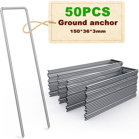 (50 Pièces) Sardines de Fixation en Acier Galvanisé, Piquet ancrage, Piquets de agrafes pour Toile de paillage, 150 mm x 36mm, Ø 3 mm, pour la Fixation du Film Anti-Mauvaises Herbes et Filets. (1/5)