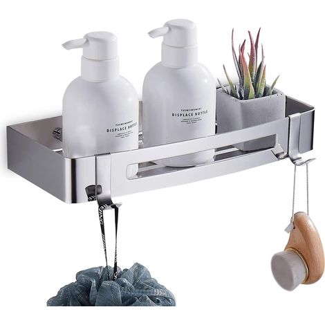 Etagère Douche Auto-adhésif Perçage Rangement Salle de Bain Douche Accessoire Salle de Bain Acier Inoxydable avec 2 Crochets, Argent (1/5)