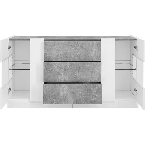 Table d’appoint élégante, avec 2 portes et 3 tiroirs. le marbre utilisé pour les surfaces présente un aspect gris. La table est équipée d’un éclairage LED qui permet de choisir parmi 16 différents mot (1/5)