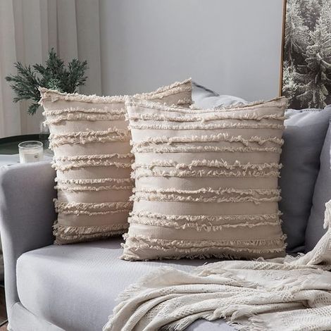 Juego de 2 fundas de cojín de tela mixta, fundas de almohada decorativas con flecos, protectores de cojín de lino, decoración clásica para sofá, hogar, dormitorio, sala de estar, 45 x 45 cm, beige (1/4)