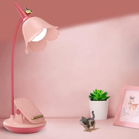 Lampe de bureau rose avec pince, petite lampe LED rechargeable, col de cygne ajustable, intensité réglable, idéale pour chambre d'enfant, dortoir ou bureau. (1/5)