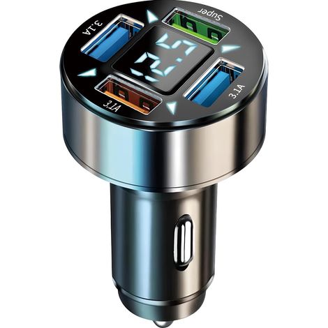 4 Ports Chargeur Voiture 66W, Allume Cigare USB Voltmetre Rapide avec Voltmètre LED, Adaptateur Allume-Cigare Compact et Portable, Compatible iPad Tablettes Autres Appareils USB (1/5)