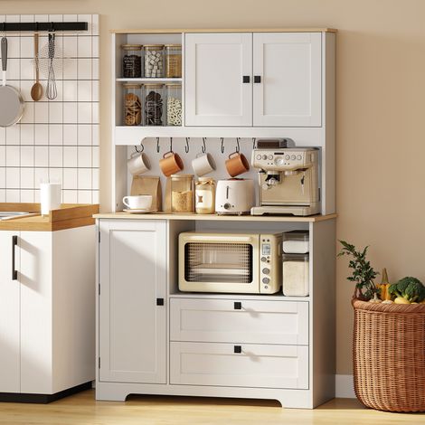 Buffet Haut Cuisine, Armoire 3 Portes, 2 Tiroirs, Plan de Travail, Compartiments Ouverts, Blanc (1/5)