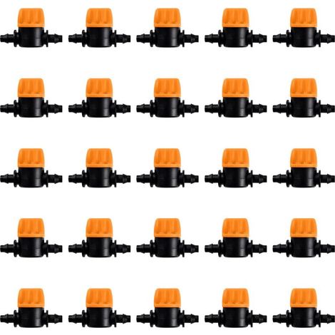 25 Pièces 4/7 Vanne D'irrigation, Mini Valves de Contrôle pour Tuyau d'arrosage 4/7mm, Valves d'arrêt Cannelées 1/4 Pouce Tuyau d'irrigation Goutte à Goutte, Mini Tuyau Vanne d'eau Travers (1/5)