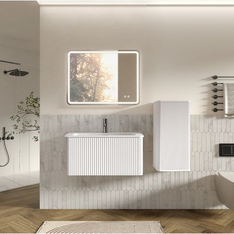 Badmöbel Set mit Waschbecken, LED Spiegel, wandhängenden Schränken, vertikalen Rillen, MDF und Glas, Weiß (1/5)