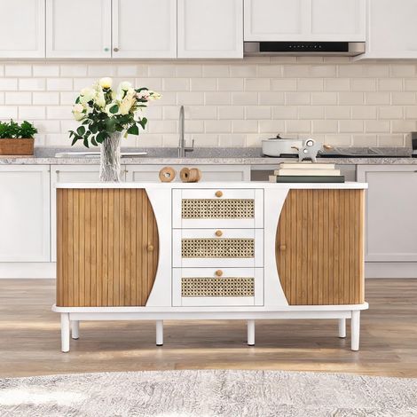 Buffet blanc avec portes coulissantes et tiroirs en rotin (1/5)