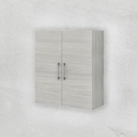 Pensile Bagno Sospeso Con Doppia Anta Quercia Grigio E Maniglia In Abs Cromato  Rimini