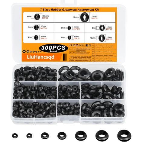Lot de 300 œillets en caoutchouc pour fils électriques, 7 tailles disponibles, pour câbles, prises, voitures, noir. (1/5)