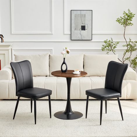 Conjunto de comedor con mesa redonda MDF nogal y metal negro Ø60x72 cm con 2 sillas de PU negro (1/5)