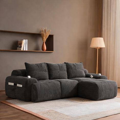 Ensemble canapé modulaire gris avec 2 poufs et rangements (1/5)