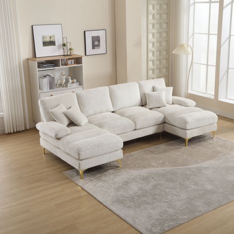 Divano Panoramico a U 4 Posti in Chenille con 2 Méridiennes Ergonomiche, Piedi Metallici Alti Dorati e Cuscini, Beige