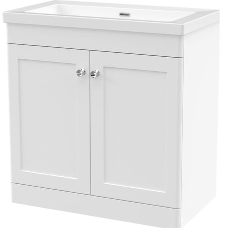 Swynnerton Traditional 2 Door Floor Standing Vanity Unit with Fireclay Basin, Satin White, 800mm