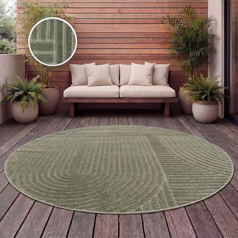 Paco Home Outdoor Teppich Wetterfest Balkon Wohnzimmer Skandinavisches Boho Einfarbig Grün 160 cm Rund