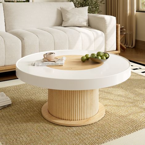 Table basse ronde 75x75x39 cm en MDF et PVC, blanc et bois, gain de place pour salon FloraGrace (1/5)