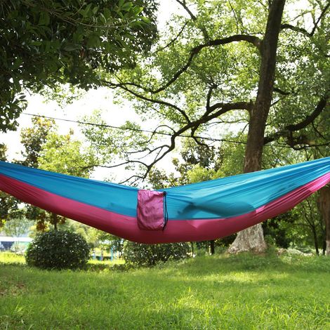 Hamac de camping portable simple avec sangle d'arbre (bleu rose)