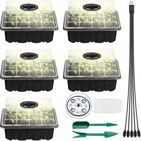 Plateau de semis 5 pièces Propagateur de Plantes avec lumière Plateau de départ rembourré pour semis avec fenêtre Ajustable pour serres et Jardins (Noir) (1/5)