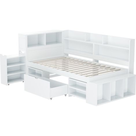 Cama infantil 90x200 cm blanca de contrachapado con cajones y librería MODENUIT (1/5)