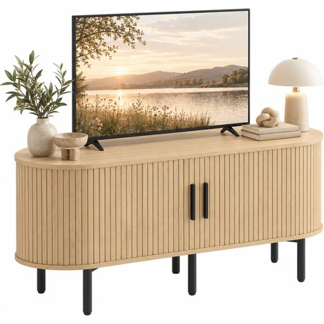 Meuble TV - HOMCOM - 50 pouces - 2 portes coulissantes à tambour et 4 compartiments - bois - 106 x 35 x 50 cm - chêne (1/5)