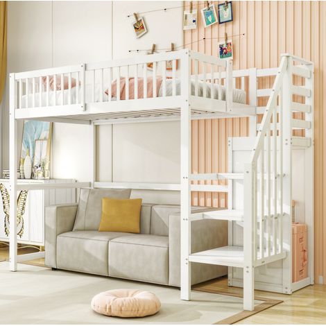 Letto a soppalco 90x200 con scala e armadio bianco DESVIAE (1/5)