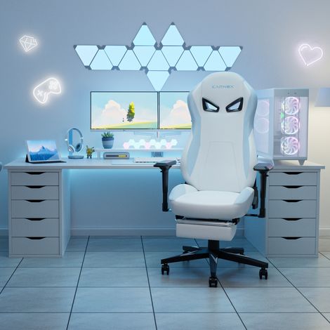 Silla gaming ergonómica de PU con reposapiés, respaldo alto y soporte lumbar, blanco y azul, OKWISH (1/5)