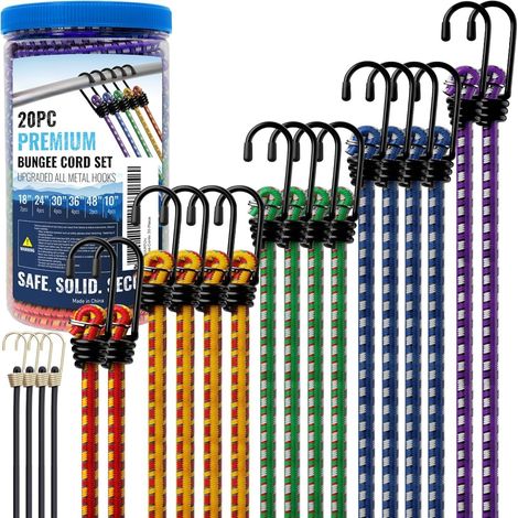 20 Stück Bungee-Spanner mit Haken, 25 cm/45 cm/60 cm/80 cm/90 cm/120 cm elastisches Seil, elastische Schnur, Gummi-Bungee-Bungee, Multifunktions-Spanngurte für Fahrräder und Gepäck