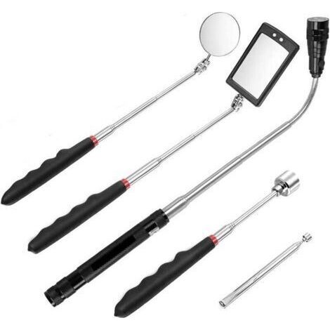 Inspection Mirror, 5pcs Magnetic Telescopic Pick Up Tool, Expandable Tool Kit with LED Light, Including 15lb/1lb/Round/Square Inspection Mirror/Piv Telescoping Handle (1/4)