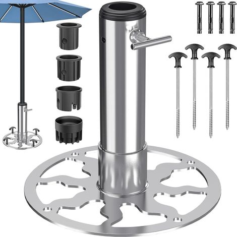 Tube pour Pied de Parasol Balcon, 23cm Fixation Parasol Rambarde Balcon Support de Tube Parapluie Ronde Base Stable pour Parasol avec 3 Douille pour Poteaux 3-5cm, Béton/Bois, Style A/Chrome (1/5)