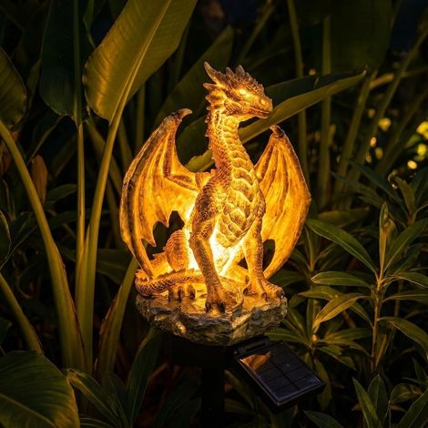 Lot de 1 lampes solaires dragon – Doré, style gothique médiéval – Décoration extérieure pour jardin, patio et Halloween – Sculpture lumineuse fantastique (1/5)