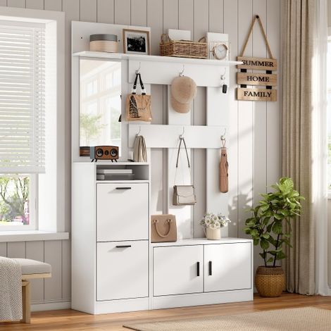 Appendiabiti per ingresso, con scarpiera, specchio e ganci, armadio a muro, scarpiera multifunzionale, per corridoio/ingresso, bianco, 120x30x180 cm (1/5)