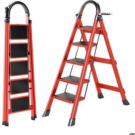 Sieben Komfort-Escabeau 5 Stufen-Klappbar-Optimale Stabilität und Sicherheit-belastbar 150KG-Aus Stahl-Rot (1/5)