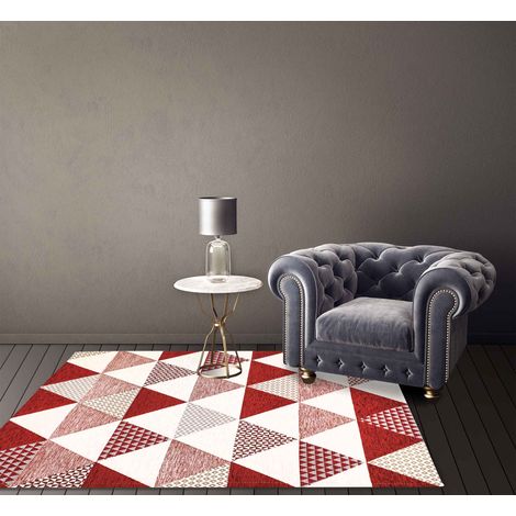 Tappeto Arredo Moderno Morbido in Ciniglia Ingresso Antiscivolo Prodotto Italiano Soggiorno Camera Salotto Disegni Piazzati Cotone Varie Misure Grande Triangoli Rosso - 65x115Cm (1/5)